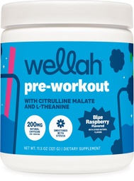 Wellah Pre-Workout Drink Mix (Blue Raspberry Flavored, 30 Servings) - with Citrulline Malate and L-Theanine, 200mg of Natural Caffeine & 1000mg of Beta-Alanine